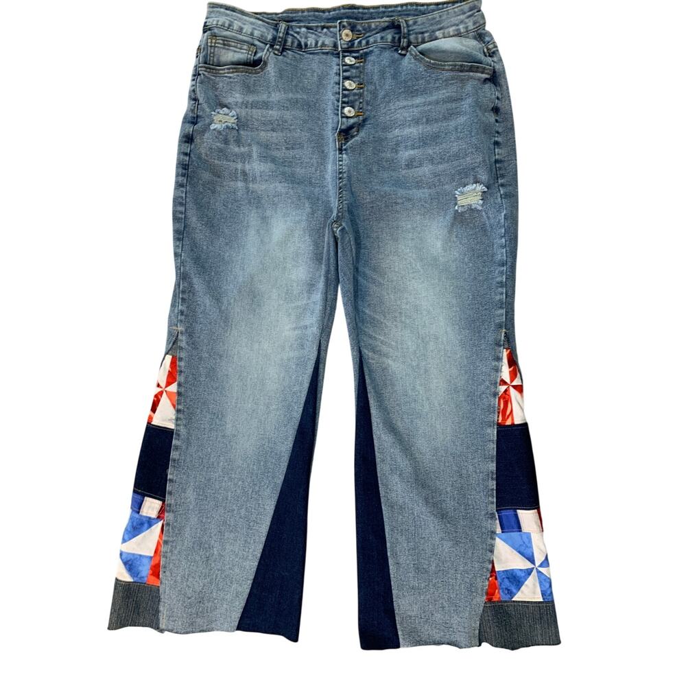 UPCYCLED BELL BOTTOM DENIM JEANS RAW HEMS PATRIOTIC INSERTS DISTRESSED 1XL